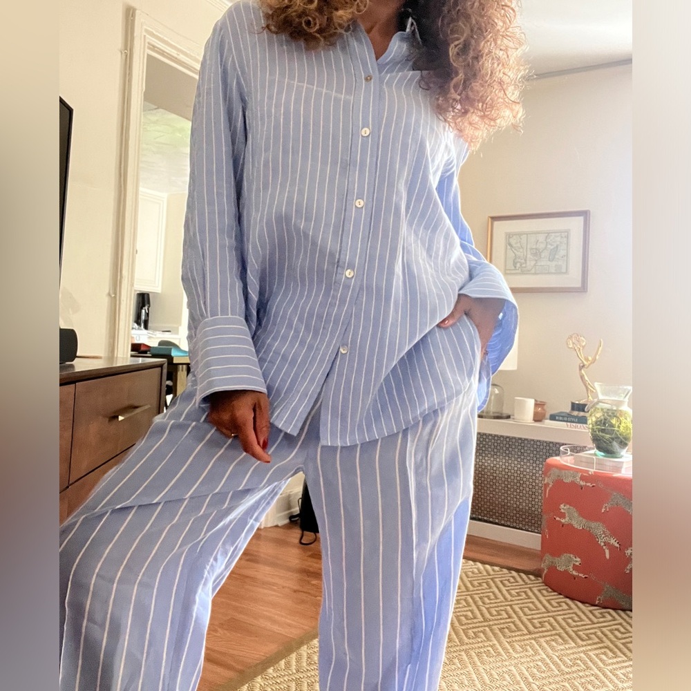 Vince Blue striped oversized button down and pant set Medium. M